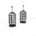 Two Metal Birdcages With Intricate Grid Design And Hanging Chains