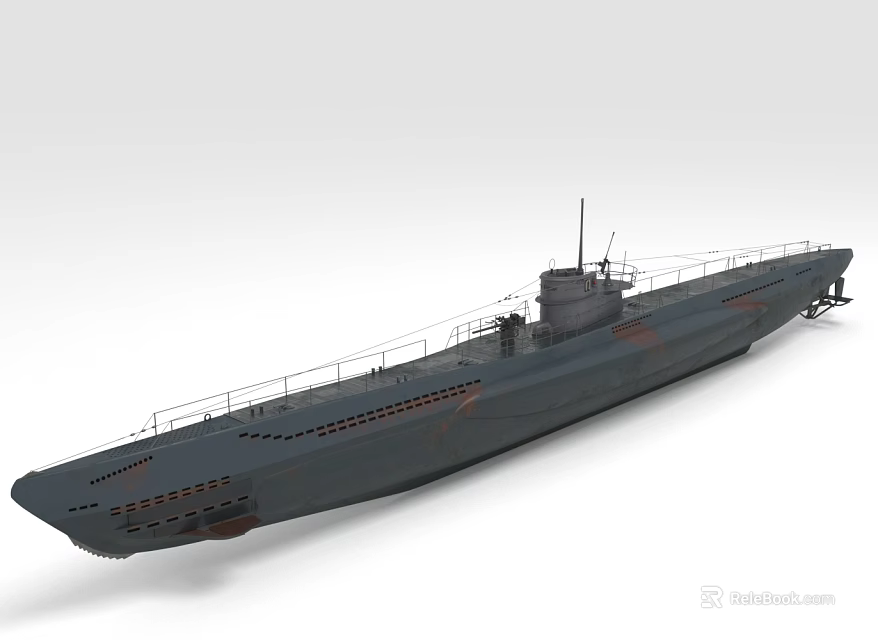 Grey Submarine Warship With Railings And Conning Tower 3d model 