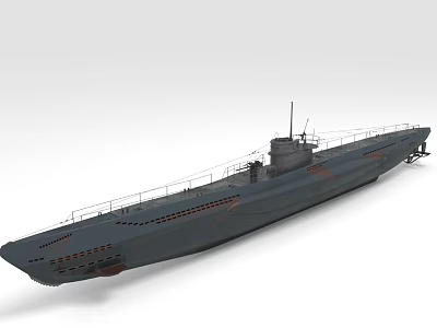 Grey Submarine Warship With Railings And Conning Tower 3d model