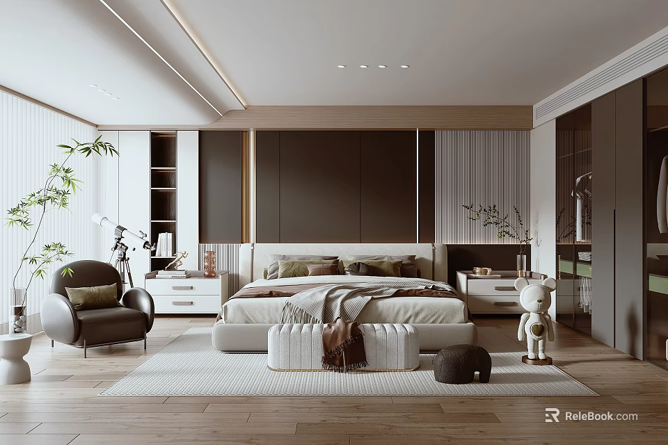 Modern Bedroom Interior With Comfortable Bed Nightstands Armchair And Wooden Flooring 3d model 