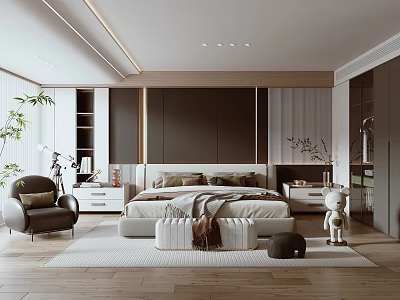 Modern Bedroom Interior With Comfortable Bed Nightstands Armchair And Wooden Flooring 3d model