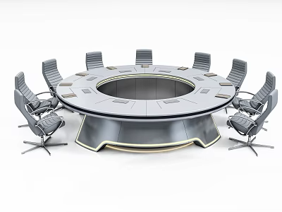Modern Round Business Conference Table With Glass Top Metal Frame And Chairs 3d model