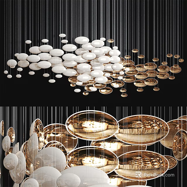 Modern Shiny Gold Oval And White Round Chandeliers For Interior Design Decor 3d model 