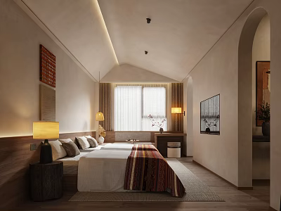 Hotel Room Interior With Comfortable Bed Wooden Nightstands Wall Lamps And Window Curtains 3d model