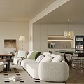 Modern Minimalist Living And Dining Area Interior With White Sofa Green Cushions And Geometric Rug