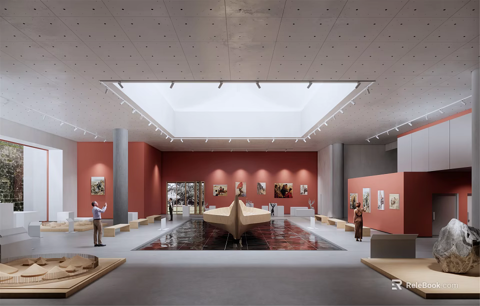 Cultural Center Interior Design With Art Exhibitions Sculpture Displays And Lighting 3d model 