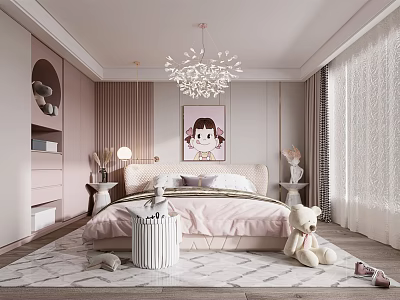 Cozy Children's Bedroom With Pink Bed Chandelier Teddy Bear And Little Girl Painting 3d model
