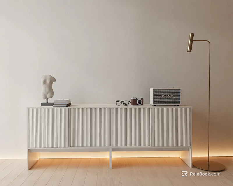 White Vertical Striped TV Stand with Light Strip Sculpture Books Radio and Floor Lamp 3d model 