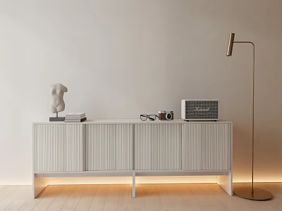 White Vertical Striped TV Stand with Light Strip Sculpture Books Radio and Floor Lamp 3d model