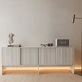 White Vertical Striped TV Stand with Light Strip Sculpture Books Radio and Floor Lamp