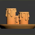 Orange Candles With Melting Wax On Wooden Tray For Home Decor