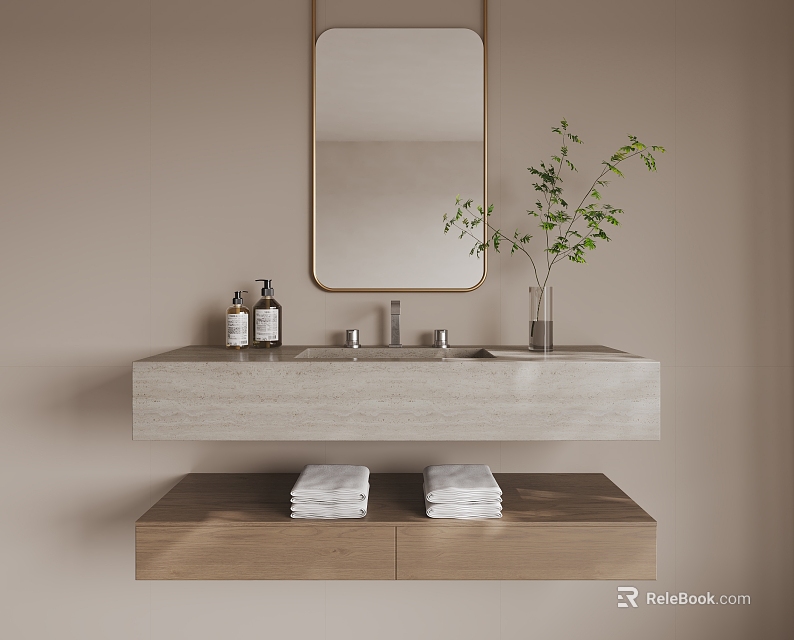 Modern Bathroom Vanity Featuring Wall Mounted Mirror Potted Plant Wooden Shelf And Folded Towels 3d model 