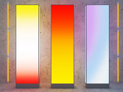 Three Vertical Lightboxes With Gradient Colors On Concrete Wall Background 3d model