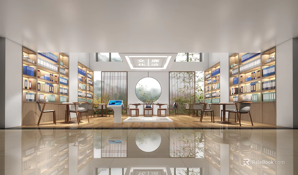Book Art Space Design With Wooden Bookshelves And Reading Tables 3d model 