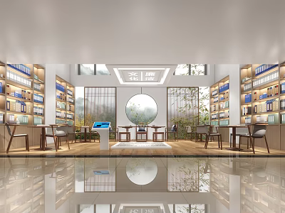 Book Art Space Design With Wooden Bookshelves And Reading Tables 3d model