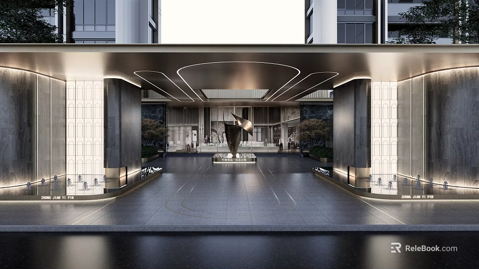 Modern Building Entrance Hall With Glass Curtain Walls Central Sculpture And Stone Floor 3d model 