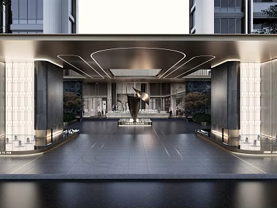 Modern Building Entrance Hall With Glass Curtain Walls Central Sculpture And Stone Floor 3d model