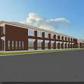 Commercial Street With Red Brick Buildings Multiple Windows Road Green Lawn And Blue Sky