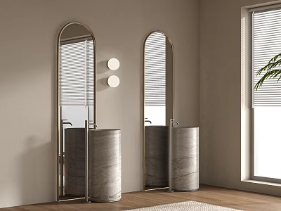 Modern Bathroom Double Stone Washbasins With Arch Mirrors Wall Lights And Window With Blinds 3d model