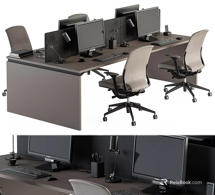 Ergonomic Office Desk Chair Set With Computers Desk Lamps And Office Supplies 3d model 