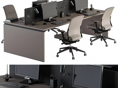 Ergonomic Office Desk Chair Set With Computers Desk Lamps And Office Supplies 3d model
