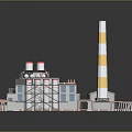 Industrial Factory Facility Featuring Cooling Towers Yellow White Chimneys And Piping Systems
