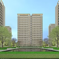 Modern High Rise Residential Building With Surrounding Trees And Reflecting Pool
