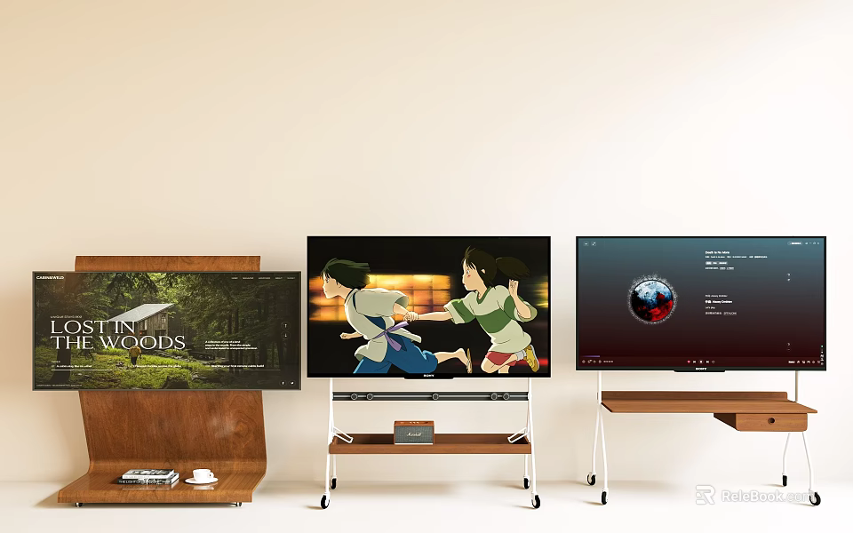 Three TVs Displaying Movie Poster Animated Scene And Earth Visualization On Wooden Metal Stands 3d model 