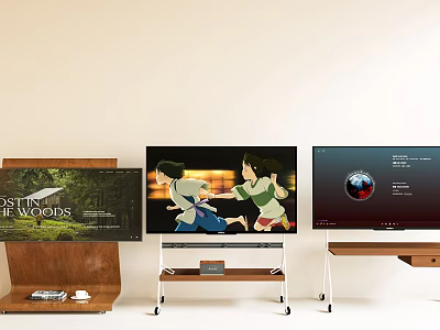 Three TVs Displaying Movie Poster Animated Scene And Earth Visualization On Wooden Metal Stands 3d model