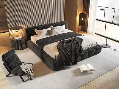 Modern Black Frame Double Bed With White Sheets Accent Chair Floor Lamp And Window View 3d model