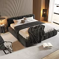 Modern Black Frame Double Bed With White Sheets Accent Chair Floor Lamp And Window View