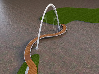 Modern Landscape Bridge with White Arch Structure and Wooden Deck Surrounded by Green Grass and Water 3d model
