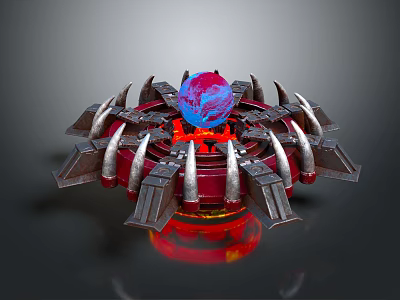 Futuristic Mechanical Building With Central Blue Red Sphere Metallic Spiked Structure And Illuminated Base 3d model