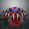 Futuristic Mechanical Building With Central Blue Red Sphere Metallic Spiked Structure And Illuminated Base