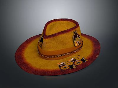 Wide Brim Yellow Red Gradient Hat Featuring Decorative Patches And Badges 3d model