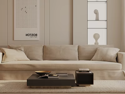 Beige Three Seater Sofa With Cushions And Black Coffee Table Against Wall With Artworks 3d model