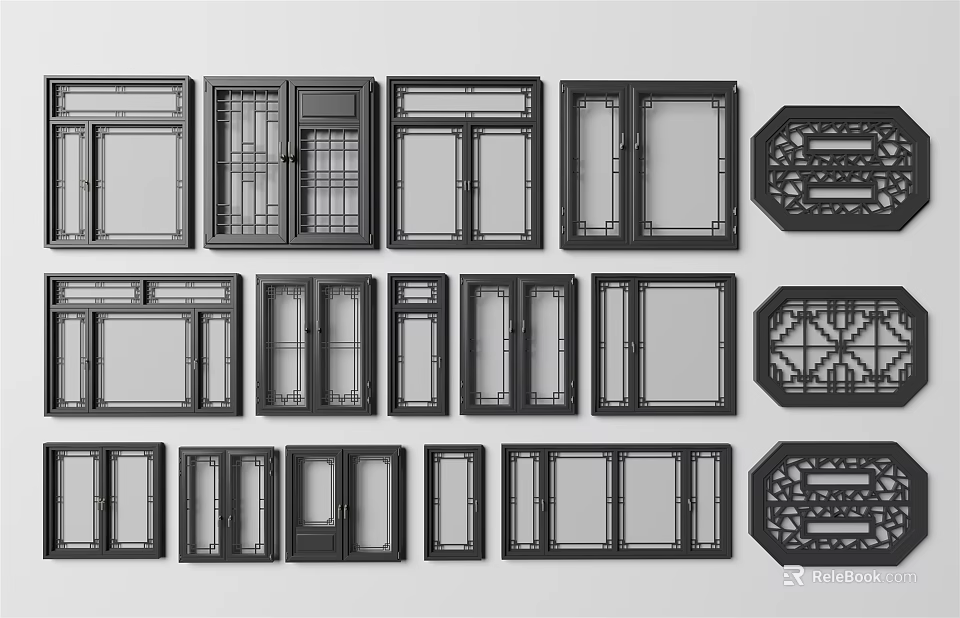 Various Window Designs With Grilled Sliding And Hexagonal Glass Panel Frames 3d model