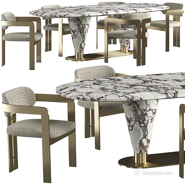 Elegant Modern Dining Table Set With Marble Top And Upholstered Metal Frame Chairs 3d model