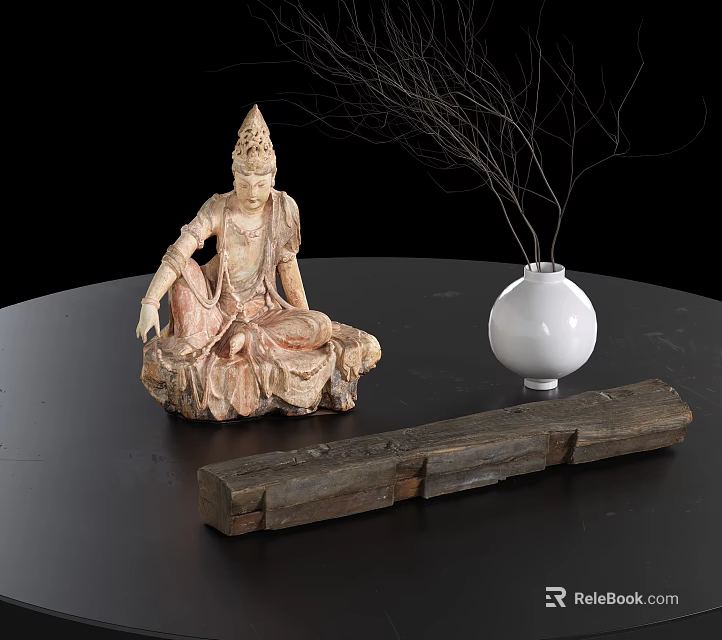 Decorative Ornament Set With Buddha Statue White Vase Dried Branches And Wooden Decor Piece On Black Tabletop 3d model 