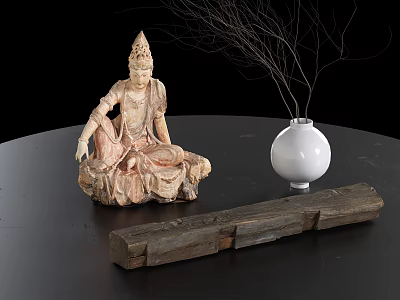 Decorative Ornament Set With Buddha Statue White Vase Dried Branches And Wooden Decor Piece On Black Tabletop 3d model