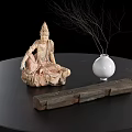 Decorative Ornament Set With Buddha Statue White Vase Dried Branches And Wooden Decor Piece On Black Tabletop