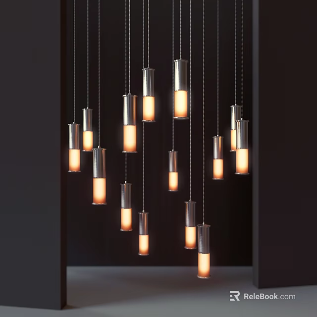 Modern Cylindrical Metallic Pendant Lights with Warm Glowing Light Clustered Against Dark Backdrop 3d model 