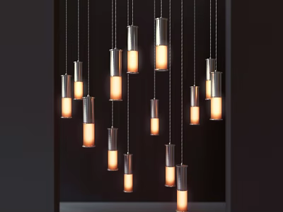 Modern Cylindrical Metallic Pendant Lights with Warm Glowing Light Clustered Against Dark Backdrop 3d model