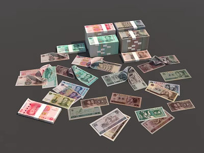 Various Denominations of Assorted Banknotes Stacked and Scattered on Dark Background 3d model
