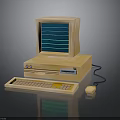 Vintage Yellow Computer Setup With Monitor Tower Keyboard Mouse And Green Screen