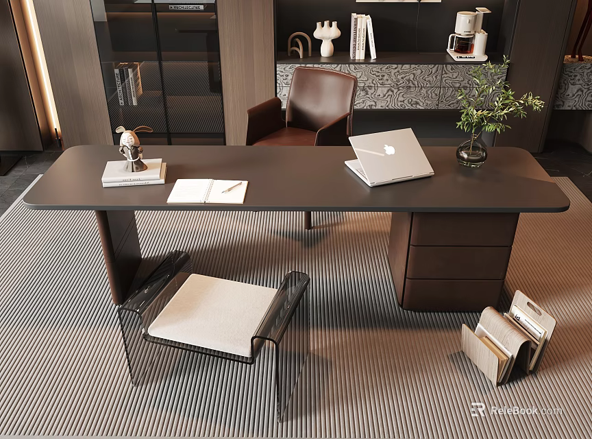 Modern Desk and Chair with Laptop Notepad Sculpture and White Cushioned Seat in Contemporary Office 3d model 