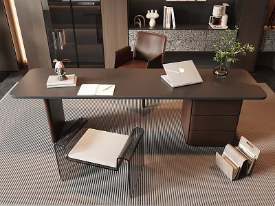 Modern Desk and Chair with Laptop Notepad Sculpture and White Cushioned Seat in Contemporary Office 3d model
