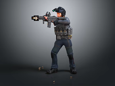 Tactical SWAT Officer Engaging Hostile Creatures With Gunfire And Bullet Shells 3d model