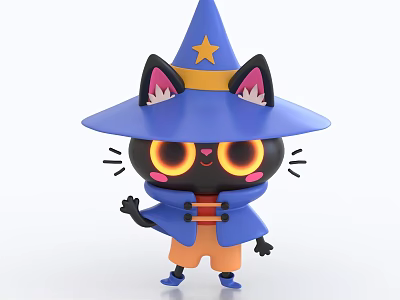 Adorable Black Cat Doll With Blue Wizard Hat Pink Ears Yellow Star And Glowing Eyes 3d model