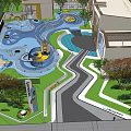 Children's Play Area Featuring Wavy Blue Ground Yellow Structure Green Lawns And Trees